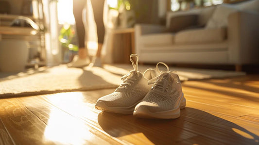 Orthopedic shoes for arthritis placed in a cozy living room, emphasizing comfort and mobility