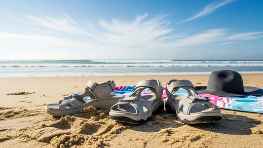 Orthopedic sandals on a beach, emphasizing summer footwear for foot health