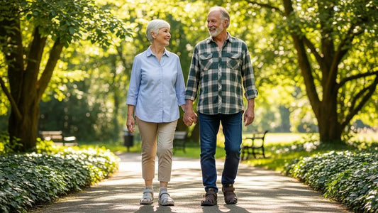 Senior couple wearing orthopedic shoes walking in a park, showcasing comfort and mobility