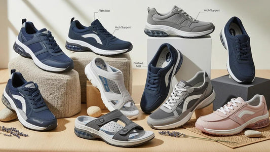 Variety of orthopedic shoes for flat feet and high arches showcasing arch support and cushioning